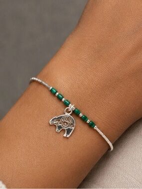 Native American Liquid Sterling Silver Running Bear Malachite Bear Bracelet